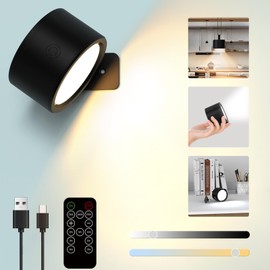 Adeptus Mechanicus LED Wall Lights with Remote, Rechargeable Battery Operated Wall Light for Bedroom Bedside, Wireless 3 Color Temperatures & Dim 360°Rotation Cordless Wall Lamps with Handle, Black