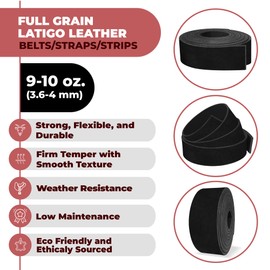 ELW 9-10 oz (3.6-4mm) Latigo Leather Belt Grade Straps & Strips | Size: 1"x72" (2.5x183cm) | Black | Full Grain Cowhide, Heavy Duty Holsters, Sheathes, Harness, Saddle, Guitar Straps, DIY Crafts