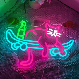 Lucunstar skateboard Cat Neon Sign,Cat Neon Sign,Neon Signs for Wall Decor,USB Connectivity Adjustable Brightness Neon Sign for Wall Decor,Sign for Cat Lover,Pet Shop