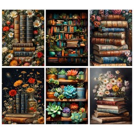 6 Pcs Book Paint by Numbers Kit for Adults, Bookshelf Flower Paint by Number Kits on Canvas, DIY Acrylic Watercolor Adults’ Paint-By-Number Kits Oil Painting Drawing Paintwork for Home Decor 10X14 In