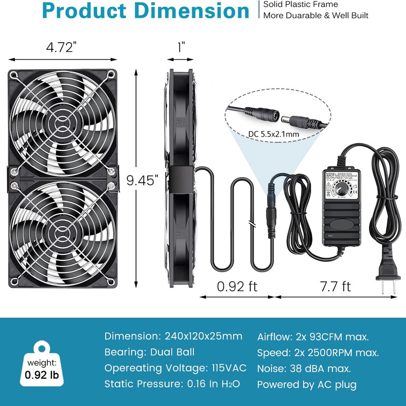 GDSTIME Big Airflow Dual 120mm Fans DC 12V Powered Fan