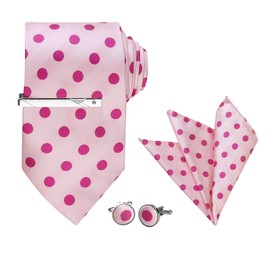 Allegra K Necktie, Cufflinks, Clip, Pocket Square, 4-piece Set, Polka Dot, Business, Formal, Wedding, Men's, pink fuchsia