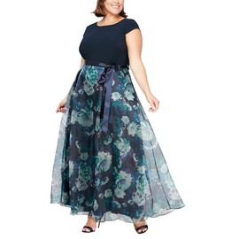 S.L. Fashions Women's Long Print Sleeveless Special Occasion Dress with Removable Satin Belt (Plus Size), Blue Floral, 16W