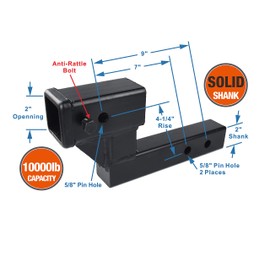 TOPTOW 64122 2-inch Receiver Trailer Hitch Extension Riser with 4.25-inch Rise/Drop, 7" & 9" Extender, 2-inch Solid Shank, 10000lbs Towing Capacity, Anti-Rattle Bolt