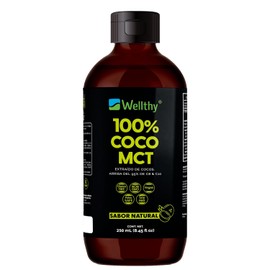 Wellthy MCT 250ml, 16 Porciones, Ácido Caprílico 100% Puro y Natural de Coco, KETO y Paleo Safe, Energía y Concentración, 0g de Azúcar, Gluten Free, NON GMO, Vegan, Libre de Soya, Certificado Internacionalmente, MCT Importado.