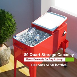 Giantex 80 Quart Rolling Patio Cooler Cart with Drain, Outdoor Ice Chest with Lockable Wheels, Bottle Opener & Cap Catcher, Beverage Bar Cooler Trolley for Party Beach Poolside Backyard BBQ (Red)