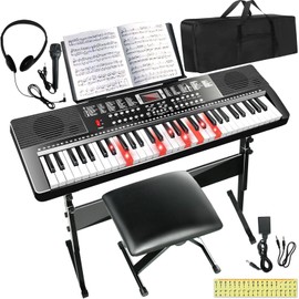 AQNIEGEP 61 Key Keyboard Piano for Beginners Electric Piano Keyboard Music Keyboard w/Stand, Bench, Microphone, Headphones, Piano Bag,Note Stickers,Light Up Keyboard, LED Screen, Dual-Speakers