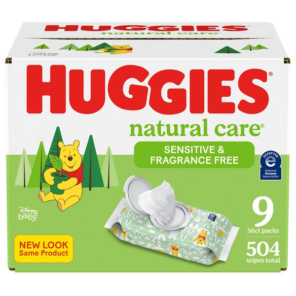 Huggies Natural Care Sensitive Baby Wipes, Unscented, Hypoallergenic, 99% Purified Water, 9 Flip-Top Packs (504 Wipes Total)