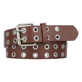 macoking Grommet Leather Belts for Women, Brown Belt Women Men - Double Studded Holes-S