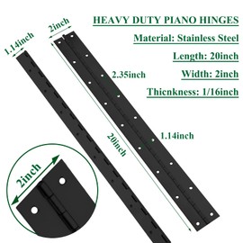 2Pack Heavy Duty Piano Hinge, 2" Open Width x 20" Continuous & Piano Hinges, 0.06” Thick Stainless Steel Piano Hinge with Holes, Black Stainless Furniture Hinges for Cabinet Door Cases Woodworking