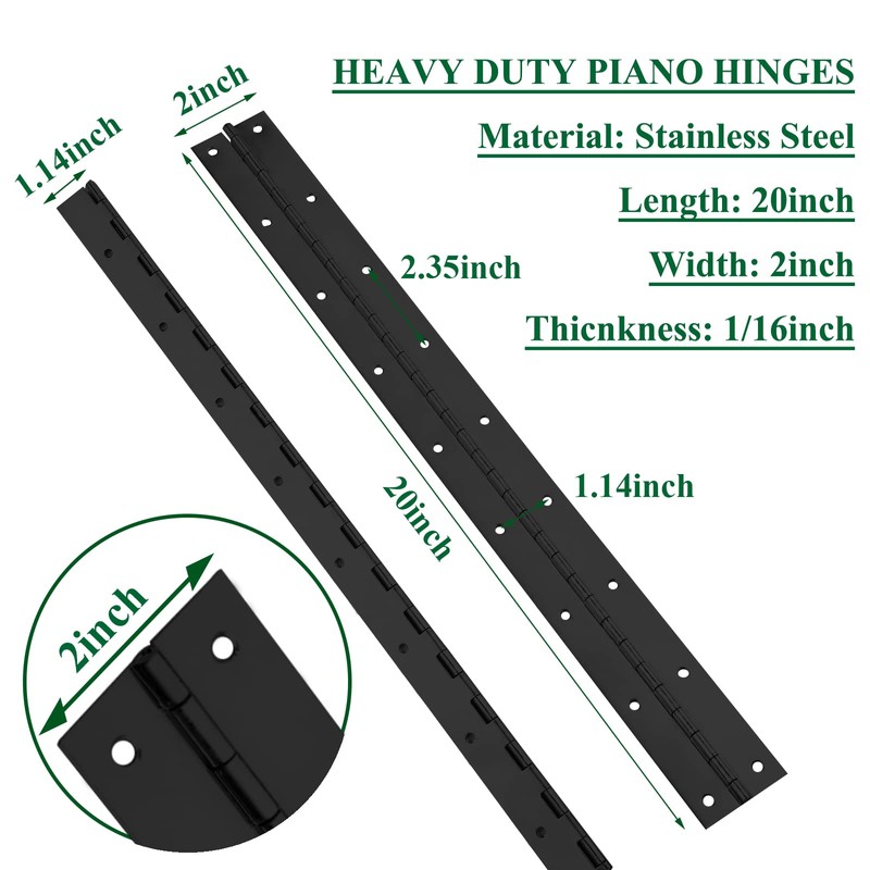 2Pack Heavy Duty Piano Hinge, 2" Open Width x 20"