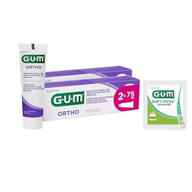 GUM ORTHO Tooth Gel, Especially for Braces Wearers, Reduces Plaque Formation, Strengthens Enamel, Peppermint Flavour, 2 x 75 (with 1 Free Sample)