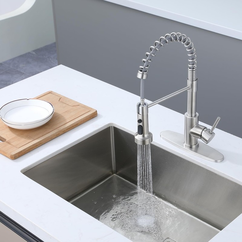 Brushed Nickel Pull Out Kitchen Faucet, Single Handle High Arc