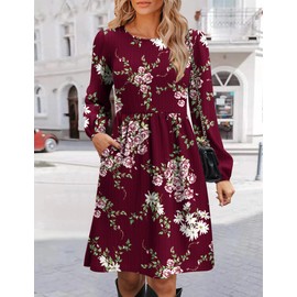 Zeagoo Women's Casual Fall Dresses Long Sleeve Sweater Dress with Pockets Crew Neck Knit Dresses Women Short Tunic Dresses Floral Red Medium