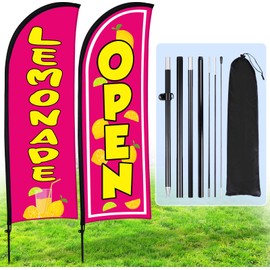 Buryeah 2 Sets Lemonade Open Feather Flag for Business Advertising 8 ft Feather Flag Sign with Flagpole Ground Stake Portable Bag Lemonade Banner for Outside Park Garden Restaurant Party (Rose Pink)