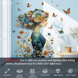 VePret Large Flowers Girl Wall Decals Peel and Stick, Floral Woman Butterflies Wall Stickers, Removable Vinyl Home Decor Art Wallpaper for Bedroom Living Room Classroom Office