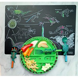 Constructive Eating Made in USA Dino Utensil Set and Plate with Imagination Starters Crayons and Reusable Dino Placemat…