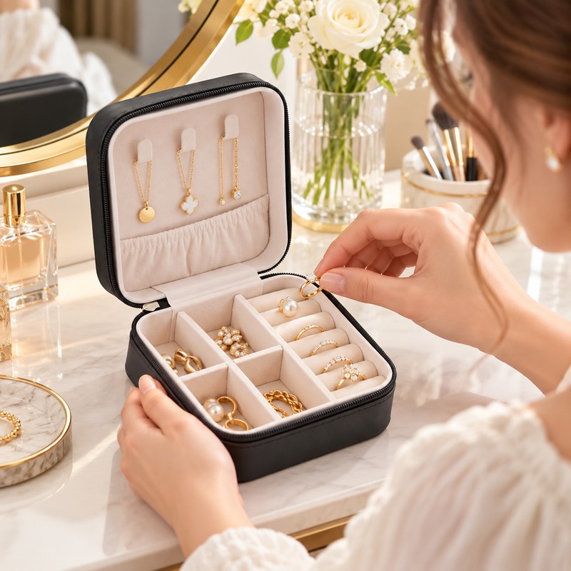 Travel Jewelry Organizer for Rings & Necklaces – Compact Leather