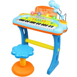 Kids Piano Keyboard with Microphone and Stool – 37 Key Electronic Musical Toy with Colorful Lights for Toddlers Ages 3 and Up