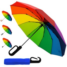 Rare Umbrella 12 Ribs Rainbow Umbrella Automatic Compact 50km/h Strong Windproof Small Umbrella Folding Ideal for Auto Open and Close, Carabiner handle, One size