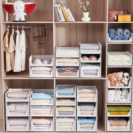 WDPUCHU Stackable Plastic Storage Basket-Foldable Closet Organizers and Storage Bins - Drawer Shelf Storage Container for Wardrobe Cupboard Kitchen Bathroom Office (White Large-4 Pack)