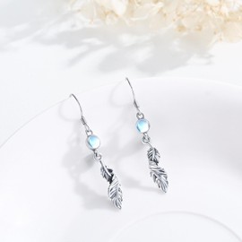 TRISHULA Feather Earrings 925 Sterling Silver Moonstone Earrings Moonstone Feather Dangling Hook Earrings Feather Jewelry for Women