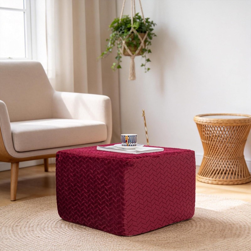 Furry Square Pouf Ottoman Foot Rest, Redwine, 20"x14"