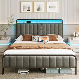 Rolanstar Full Size Bed Frame with LED Light and Charging Station, Upholstered Headboard and Footboard, Metal Slat, Noise Free, Easy Assembly, Dark Gray