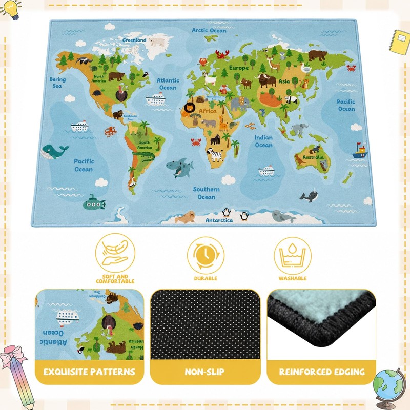 7.6x12 ft Large World Map Classroom Rug Travel Maps Educational