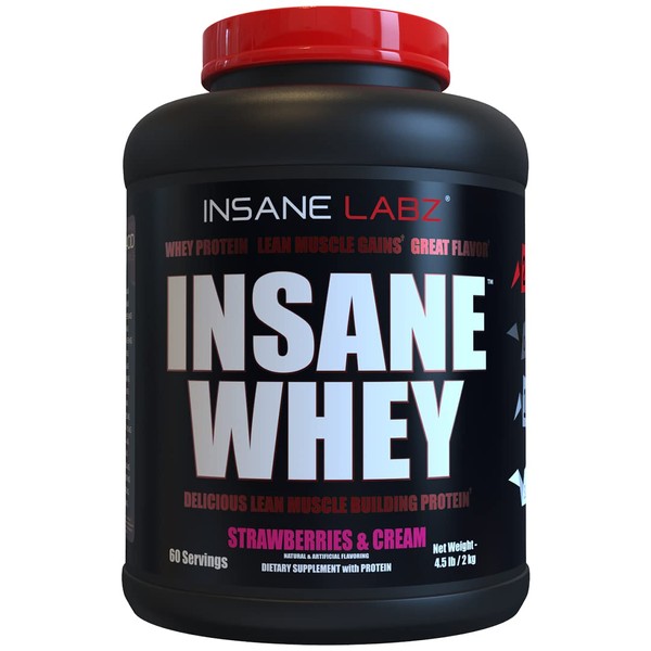 Insane Labz Insane Whey,100% Muscle Building Whey Protein, Post Workout, BCAA Amino Profile, Mass Gainer, Meal Replacement, 5lbs, 60 Srvgs, (Strawberries & Cream)