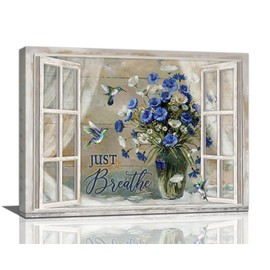 Tijuboni Farmhouse Daisy Wall Art Country Blue Flower Pictures Decor Floral Just Breathe Painting Canvas Print Home Artwork for Living Room Bedroom Bathroom Office 12"x16"
