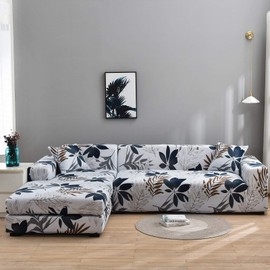 MIFXIN Sectional Sofa Cover 2 Piece Stretch 3 Seat L Shape Couch Slipcovers Elastic Printed Sectional Sofa Furniture Protector for Living Room with 4pcs Pillow Covers (Greyish Navy)
