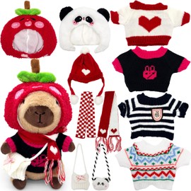 11Pcs Capybara Plush Toy, Capybara Stuffed Animal with 10 Clothes and Accessories, 10 inch Super Soft Capybara Toys for Kids Girls Boys, Role Play Dress Up Gifts (12 PCS Red and Black)