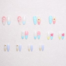 Summer Press on Nails Long Almond False Nails Flower Fake Nails Gradient 3D Ripple Pearl Floral with Rhinestone Design French tip Reusable Glue on Nail for Women Decor Manicure Accessories