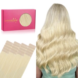 WENNALIFE Tape in Hair Extensions Human Hair, 20pcs 50g 20 inch Bleach Blonde Remy Hair Extensions Straight Human Hair Tape in Extensions Skin Weft Tape Extensions Human Hair