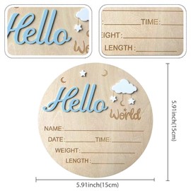 Baby Announcement Sign, ​5.9 Inch Wooden Hello World Newborn Signs, Birth Announcement Sign, Cloud and Stars Decoration, Welcome Newborn Arrival to World, Hospital Nursery for Baby