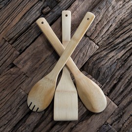 3 Piece Bamboo Wooden Kitchen Utensils Tools Set Spatula Fork Spoon Salad Server