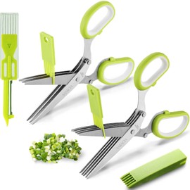 SASACIA 2-Pack Herb Scissors Set with 5 Blades & 3 Blades, Green Stainless Steel Kitchen Shears for Herbs, Veggies, Paper Shredding, with Cleaning Comb & Cover