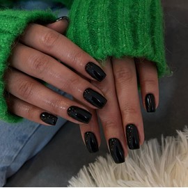 KQueenest All Black Press on Nails Short Medium Square Glue on Set, Solid Color Fake Short Coffin Acrylic Gel Nails for Women Daily Wear 24 Pcs