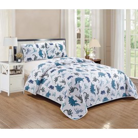 Kids Zone Dinosaurs Quilted Bedspread Set for Boys/Teens Blue Navy Blue Black White Dino Kingdom New (Full/Queen)