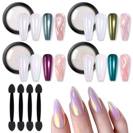 Born Pretty Chrome Nail Powder Metallic Mirror Effect Pigment Iridescent Mermaid Pearl Auroras Nail Powder Glitter Dust Kit for Gel Polish Nail Art Decoration