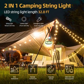 Camping String Lights, Outdoor Camping String Lights with 6 Lighting Modes, 32.8FT USB Rechargeable with Remote Control, IPX4 Waterproof Portable Warm Lights for Tent, Yard, Hiking & Decoration
