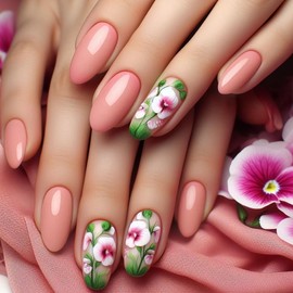 24 PCS Summer Press on Nails Medium Almonds Fake Nails Press Ons Acrylic Nail Art Kit Glue on Nails Nail Tips Full Cove Pink False Nails with Cute Flowers Design Reusable Stick on Nails for Women