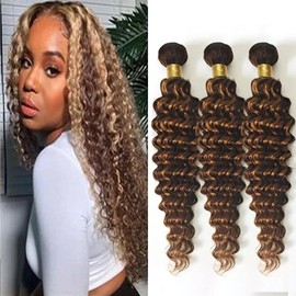 Fb30 Highlight Human Hair Ombre Bundles Deep Wave Extensions 12-16 Inch Two Tone Black & Brown