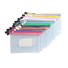 AUSTARK 12Pcs Zippered File Bags, Plastic Mesh Zipper Pouch with Label Pocket, Waterproof Documents Receipts Pencil Storage Bags for Office School Home Travel (B6 Size 7.6x5.3in)