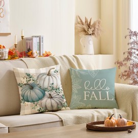 YOSICHY Fall Decor for Home,Fall Pillow Covers 18x18 Set of 4 Rustic Indoor Outdoor Decorations Blue Plaid Throw Pillow Covers,Hello Pumpkin Linen Autumn Cushion Case for Sofa Couch Chair Bedroom