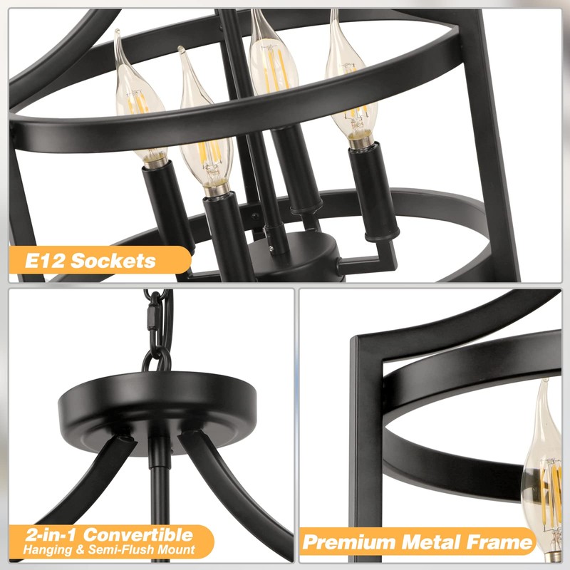 LynPon Black Farmhouse Chandelier 4 Lights, Modern Hanging Pendant Light