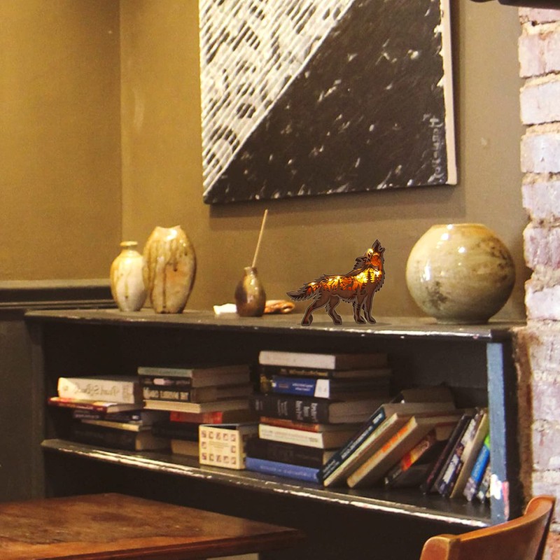 Zagxuade Wooden Wolf Decor with Light, Forest Animals Table Decor,