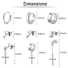 ONESING 15 Pairs Earrings for Men Black Stud Earrings Mens Earrings Stainless Steel Black Earrings for Men Women Jewelry Piercing Hoop Earrings Set Silver