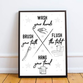 RED OCEAN Bathroom Rules Sign For Toilet Loo Bathroom Wall Art Bathroom Accessories Home Gift (A4 Print with Black Frame - Wash Flush Hang Brush White)